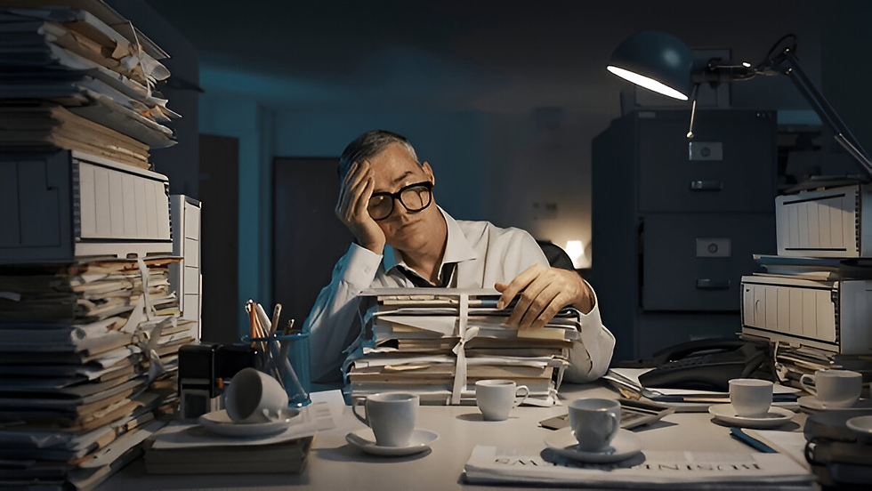 A person working on a computer, surrounded by various documents.