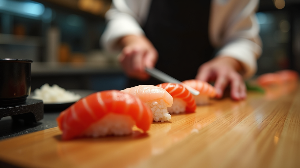 Close-up view of sushi chef preparing nigiri at a sushi bar