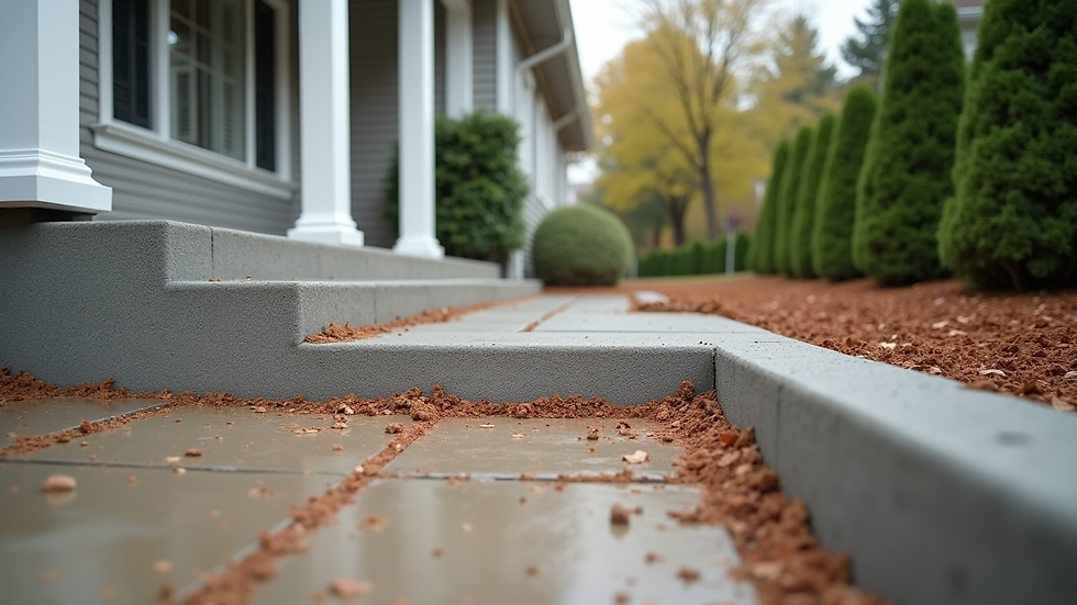 Eye-level view of a home with freshly parged foundation