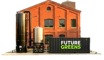 Brewery digester with a Future Greens logo in front of an orange brick building