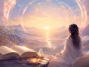Spirituelle Seelenanalyse mit Akasha-Chronik-Lesung: Eine Frau blickt in eine lichtvolle Landschaft voller Energie und Symbolik. Das Bild steht für innere Erkenntnis, persönliche Entwicklung, spirituelle Lebensberatung und die Suche nach Antworten auf wichtige Lebensfragen.