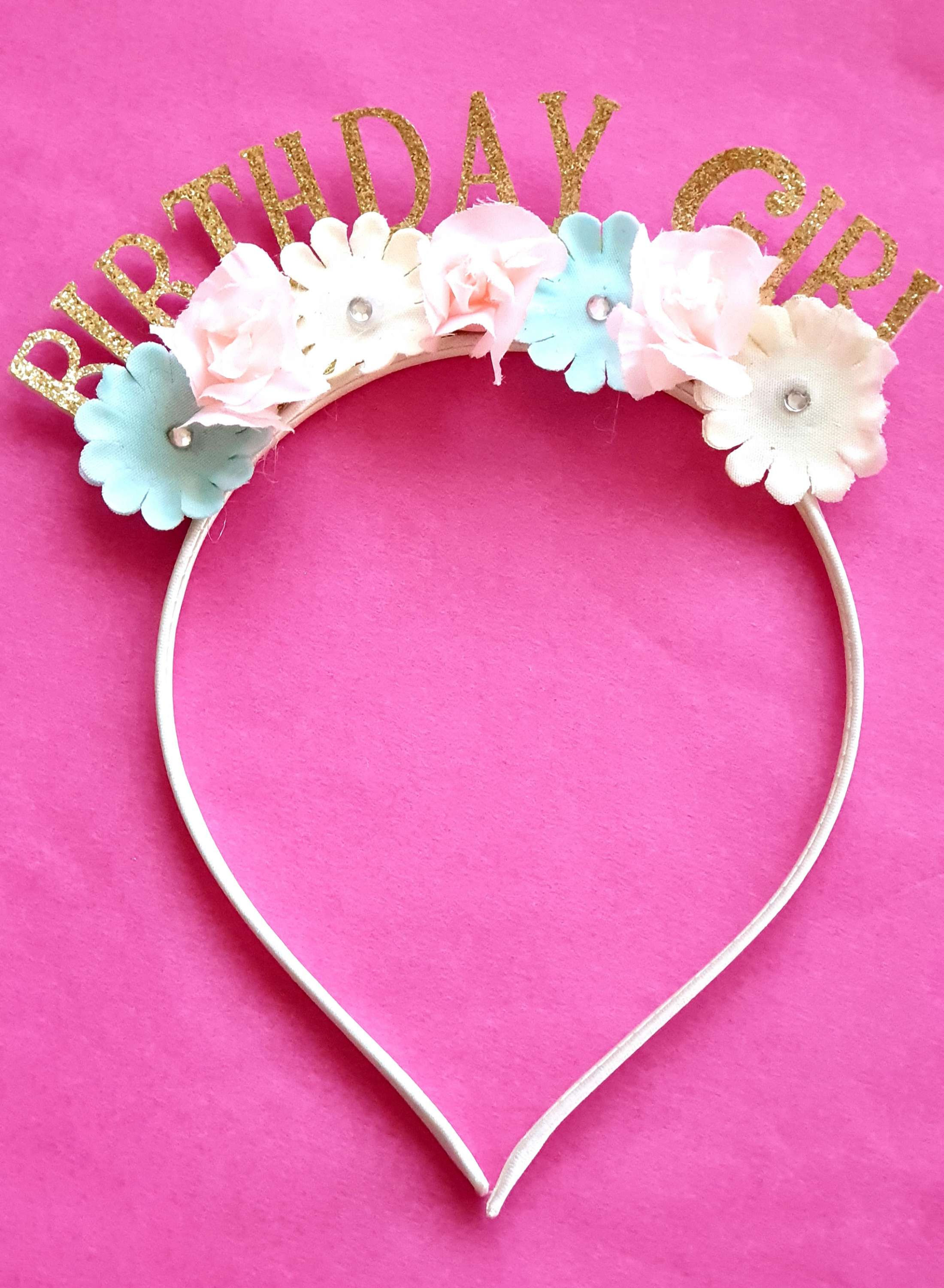 Birthday girl haarband blauw, wit, roze