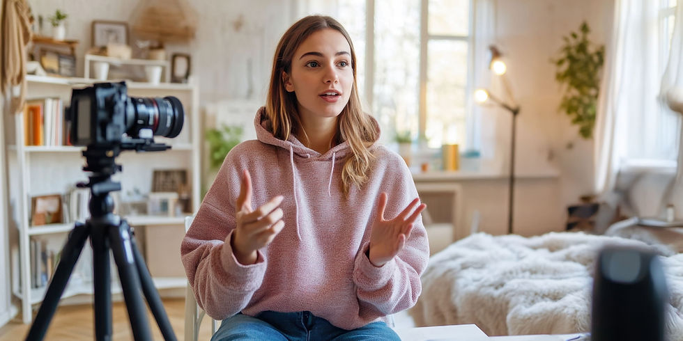 Woman in pink hoodie talks to a camera in a cozy room with bookshelves, plants, and soft lighting, creating a relaxed mood.