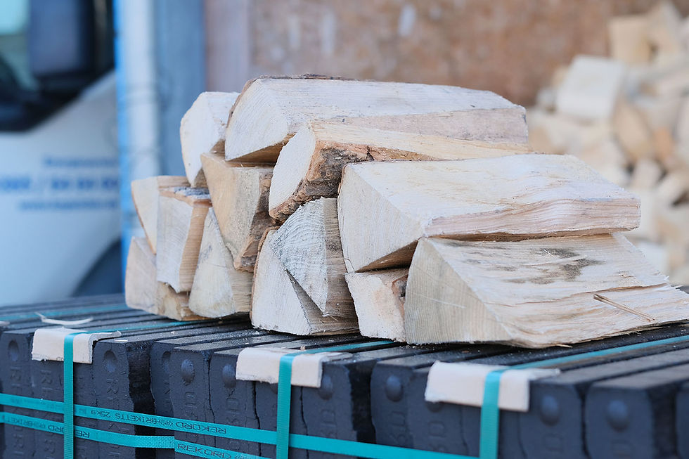 Ein Stapel Holz liegt auf einer Palette mit Briketts.