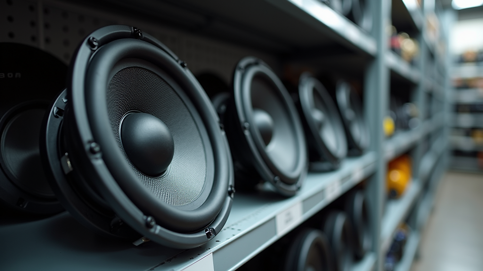 Eye-level view of car audio speakers displayed on a store shelf