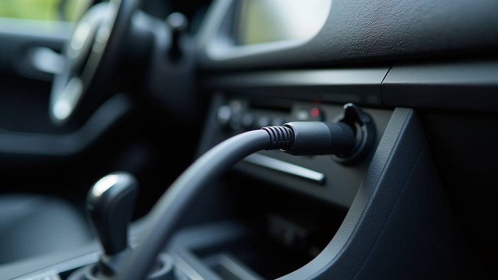 Eye-level view of a high-quality USB cable plugged into a car USB port