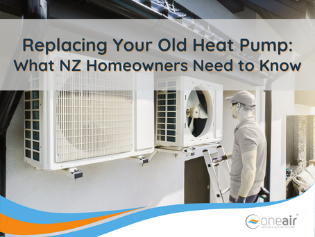 old and new heat pump outdoor units with technician