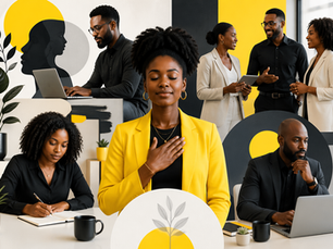 Black Professionals in formal outfits working, writing, and discussing in an office with yellow and black decor. A woman in yellow is meditating.