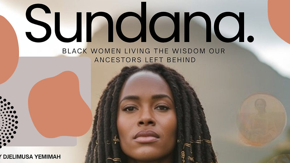 Close-up of a woman with braids, mountains in the background. Text reads: "Sundana. Our ancestors..." Mood: reflective.