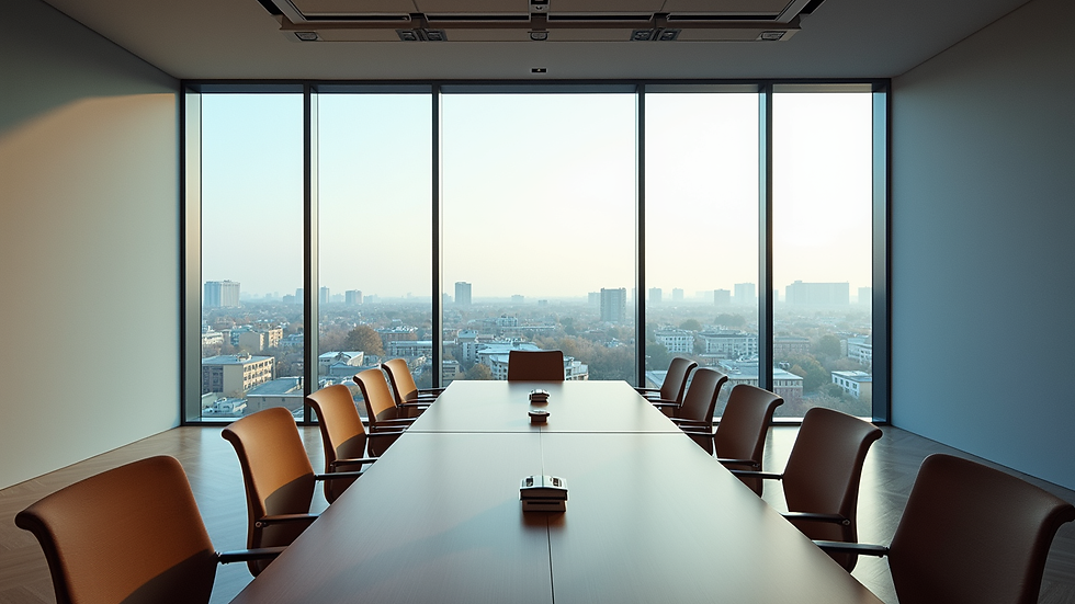 Vue rapprochée d'une salle de réunion moderne avec vue sur la ville