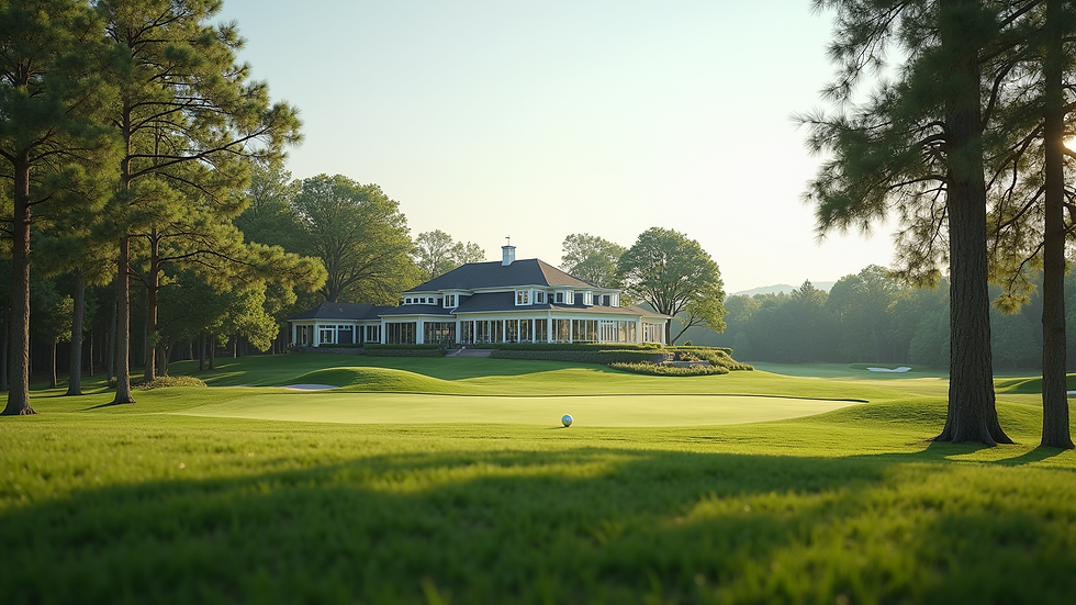 Wide angle view of a golf resort with clubhouse and surrounding trees