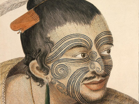 tekening van een Maori man met ta moko tattoo