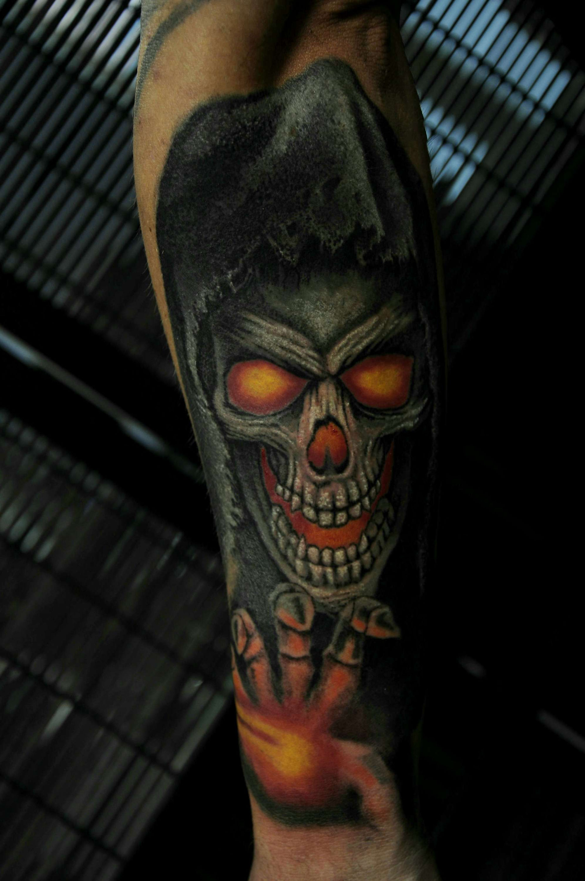tattoo cover up, tattoo skull, colour tattoo, tattoo men, arm tattoo, grim reaper tattoo