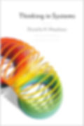 Colorful slinky on book cover "Thinking in Systems" by Donella H. Meadows. White background. Text edited by Diana Wright.