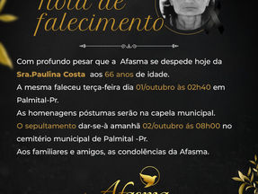Com profundo pesar que a Afasma se despede hoje de Paulina Costa