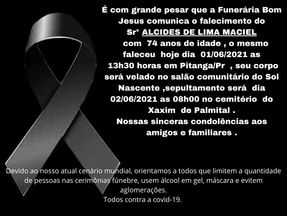 É com pesar que a Funerária Bom Jesus comunica o falecimento de Alcides de Lima Maciel
