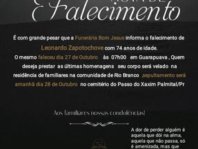 É com grande pesar que a funerária Bom Jesus comunica o falecimento de Leonardo Zapotocheve
