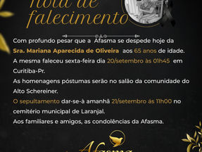 Com profundo pesar que a Afasma se despede hoje de Mariana Aparecida de Oliveira