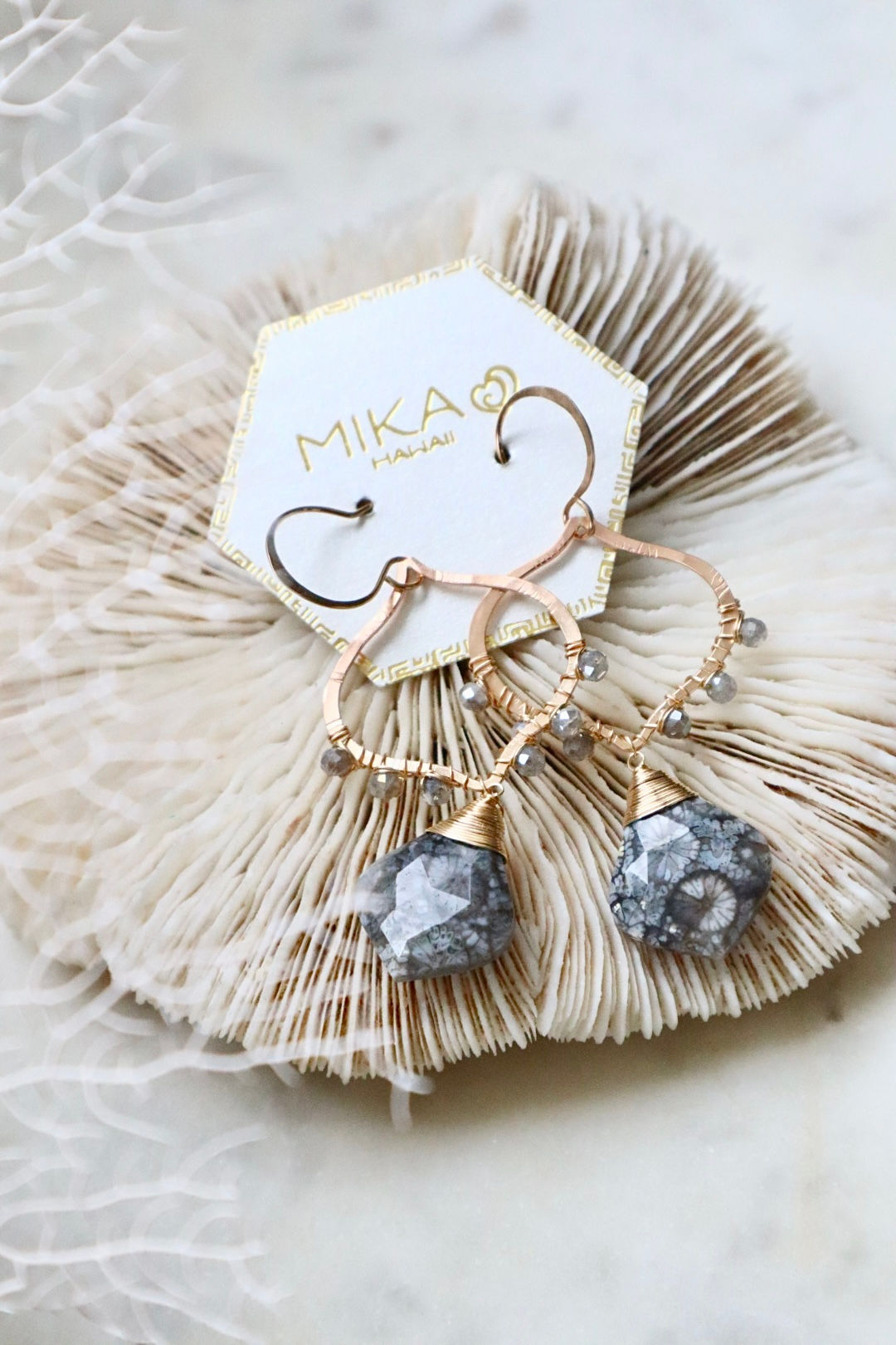 Fossilized Grey Coral Bali Beaded Earrings