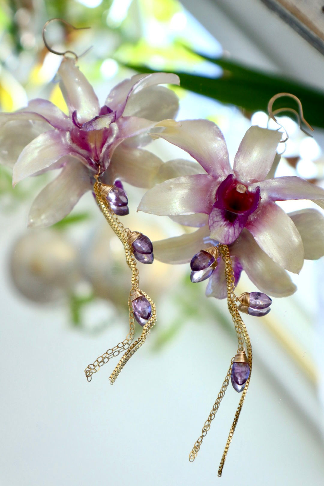 Lavender Orchid & Amethyst Marquise Dangle Earrings