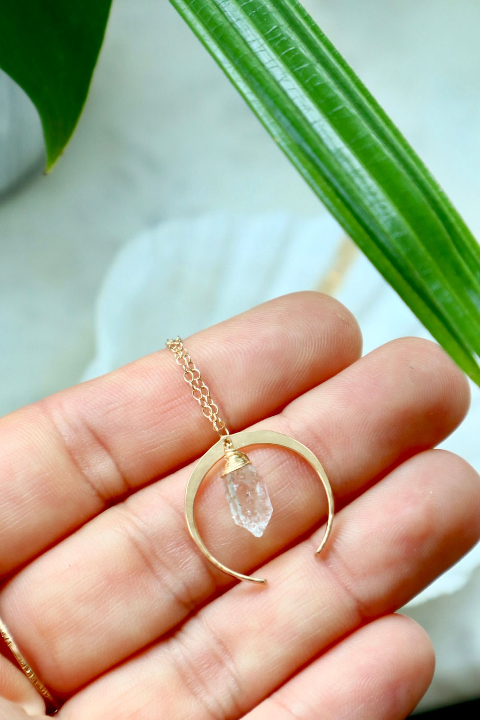 Thumbnail: Crescent Moon Herkimer Diamond Pendant Necklace