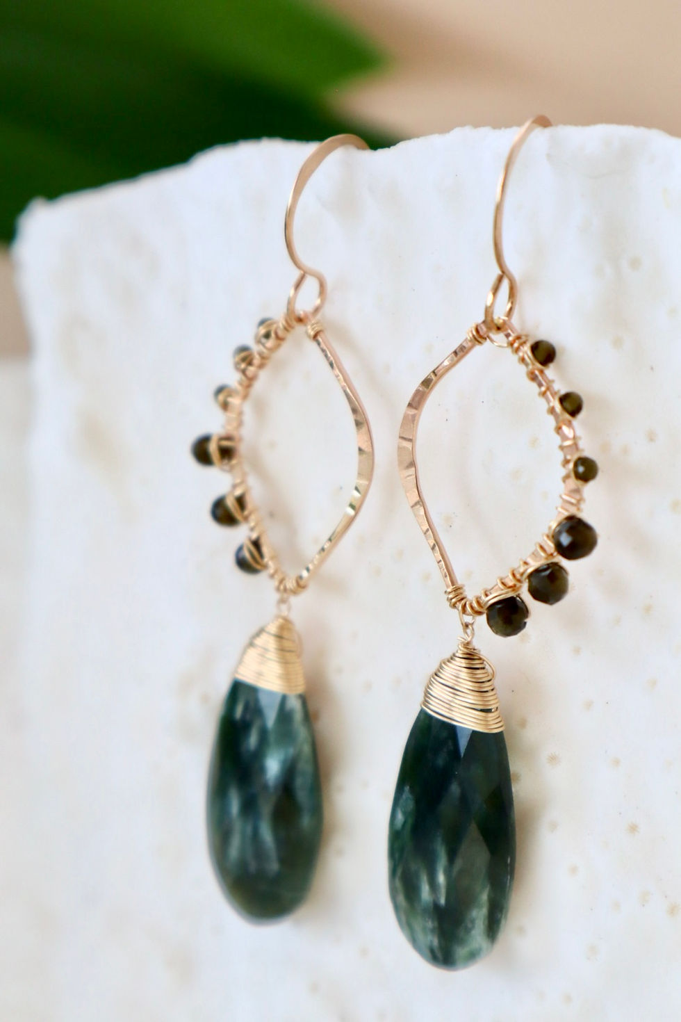 Thumbnail: Beaded Seraphinite & Green Cat's Eye Earrings