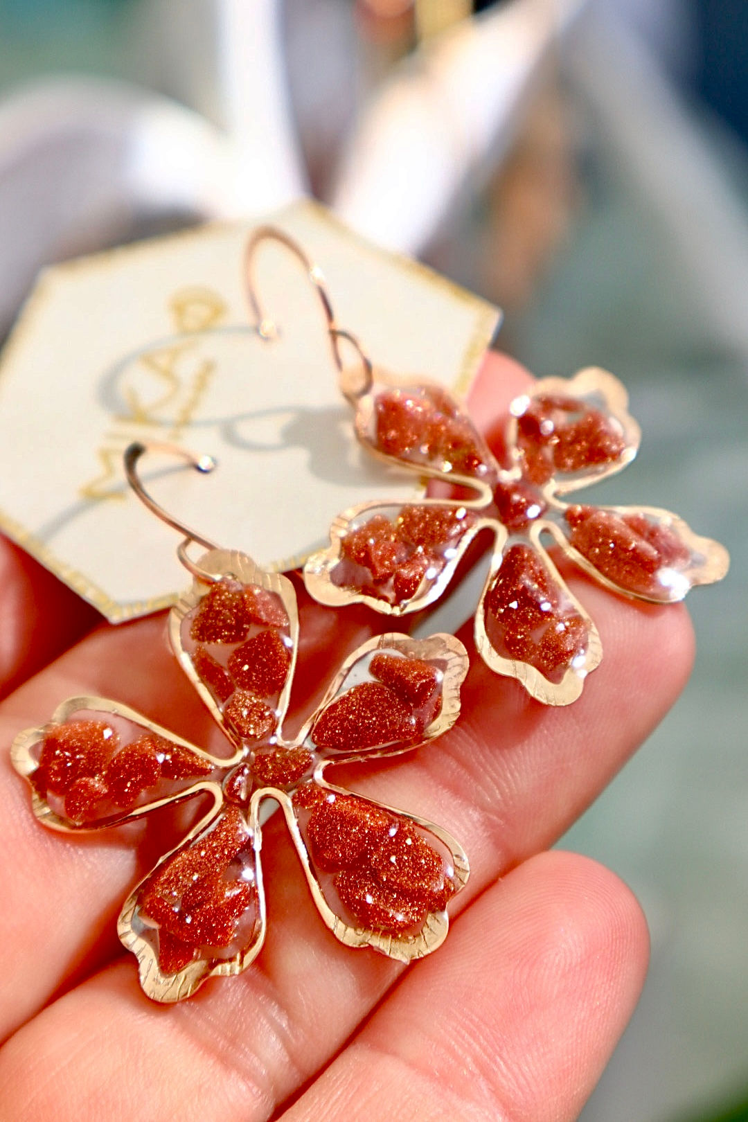 Goldstone Hibiscus Resin Earrings