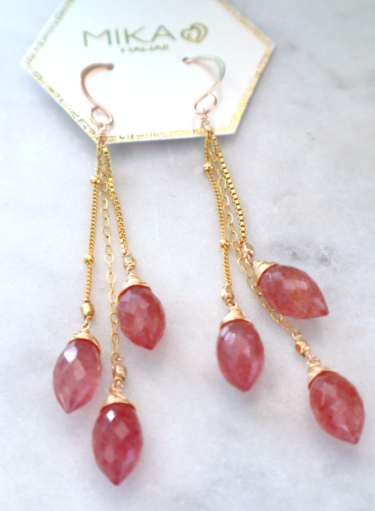 Strawberry Quartz Triple Drop Earrings