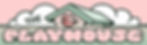 Logo for "The Playhouse" featuring a cartoon-style house with a pair of glossy red lips at the center. The word "THE" is written in dark green inside a cloud behind the house roof. Below, the word "PLAYHOUSE" appears in large, rounded, pink letters with a green outline. The background includes pink sky, white clouds, and a green base. The overall aesthetic is playful, bold, and retro-inspired.