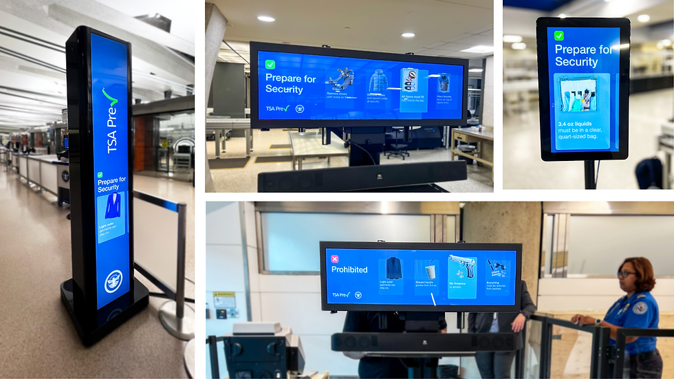 TSA Pre-Check screens display security guidelines in an airport. Instructions include removing shoes and liquid restrictions. Officer nearby.