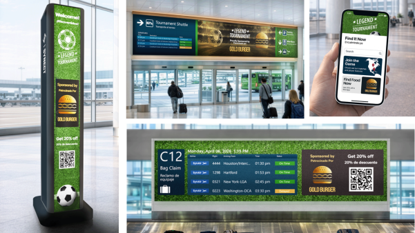 Airport signs display "Legend Tournament" and "Goldburger" ads with green and soccer themes. A hand holds a phone showing the same ad.