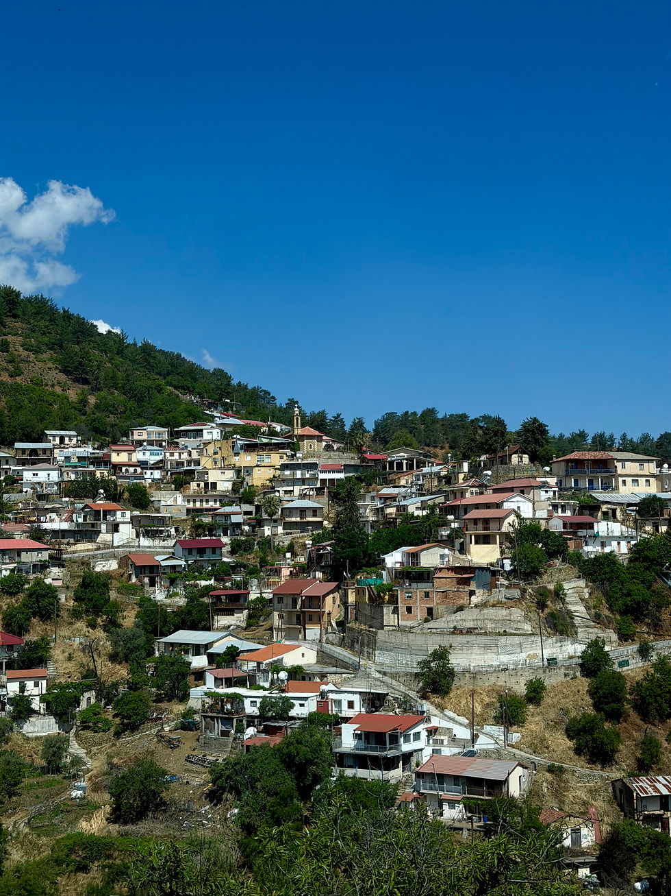 Sunlit hillside village of tightly packed houses and a small church under a clear blue sky, with green trees and dry slopes.