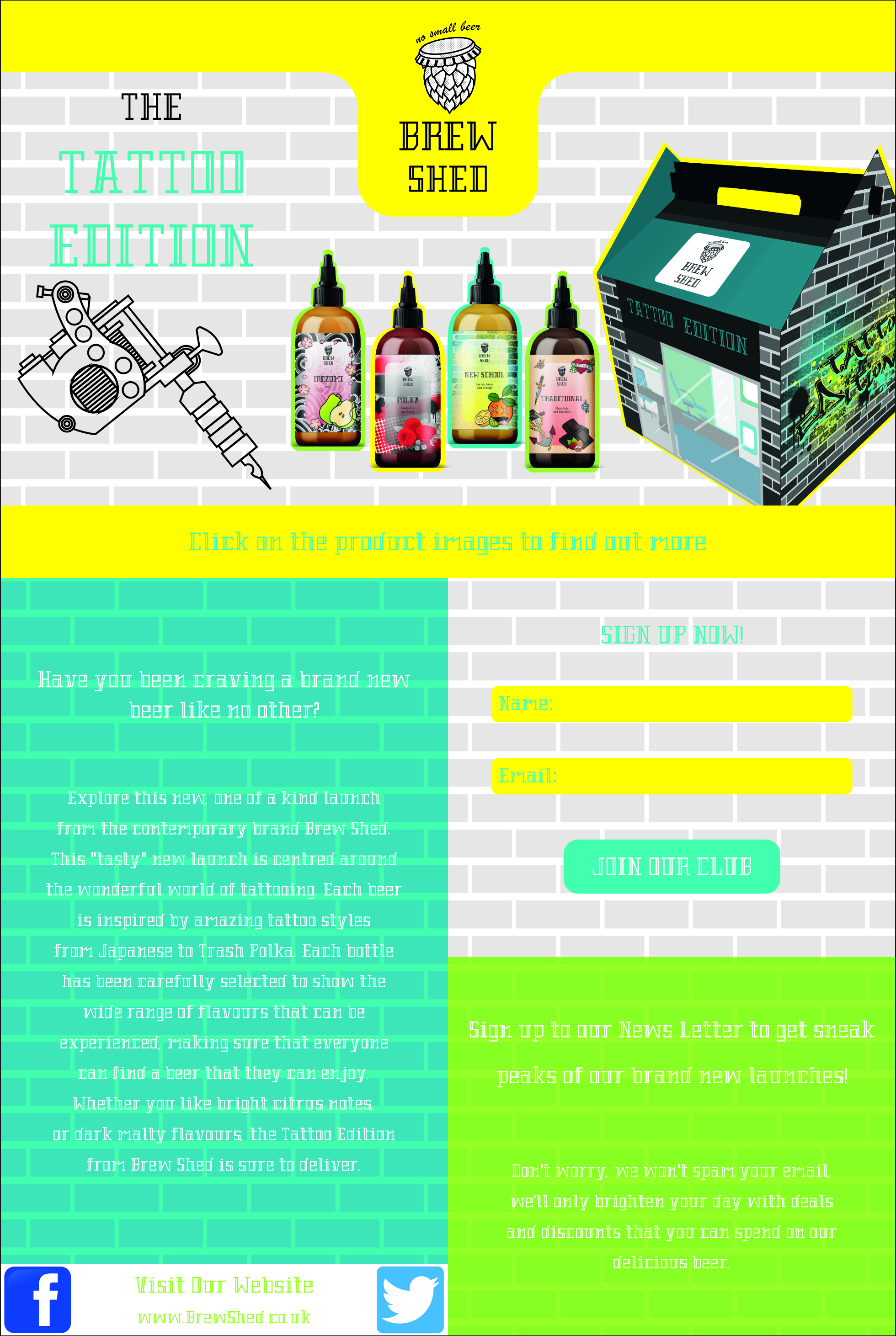 Brew shed landing page showing full product range and carry out crate on a vibrant urban background