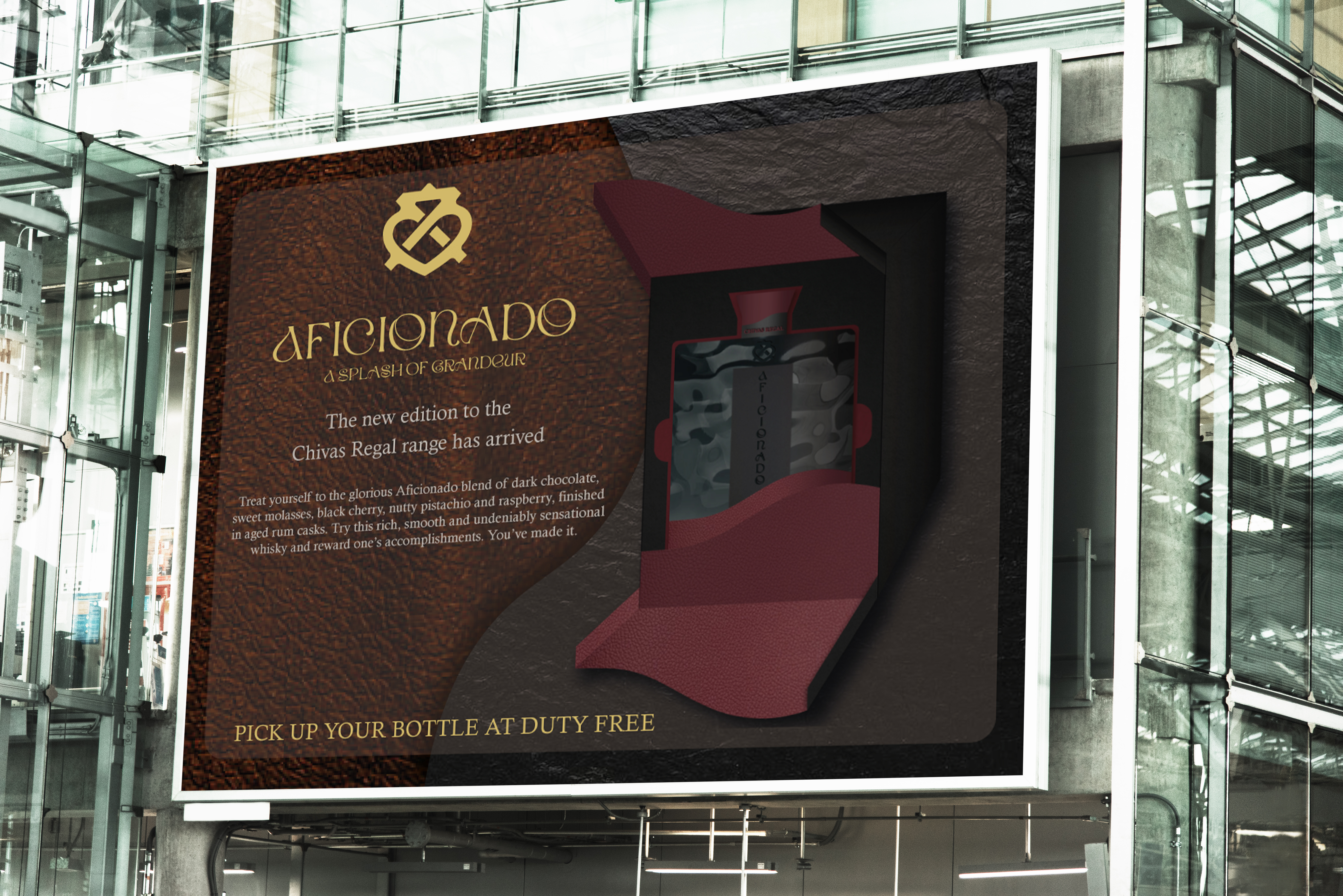 billboard in an airport showing an advert for a whisky product 