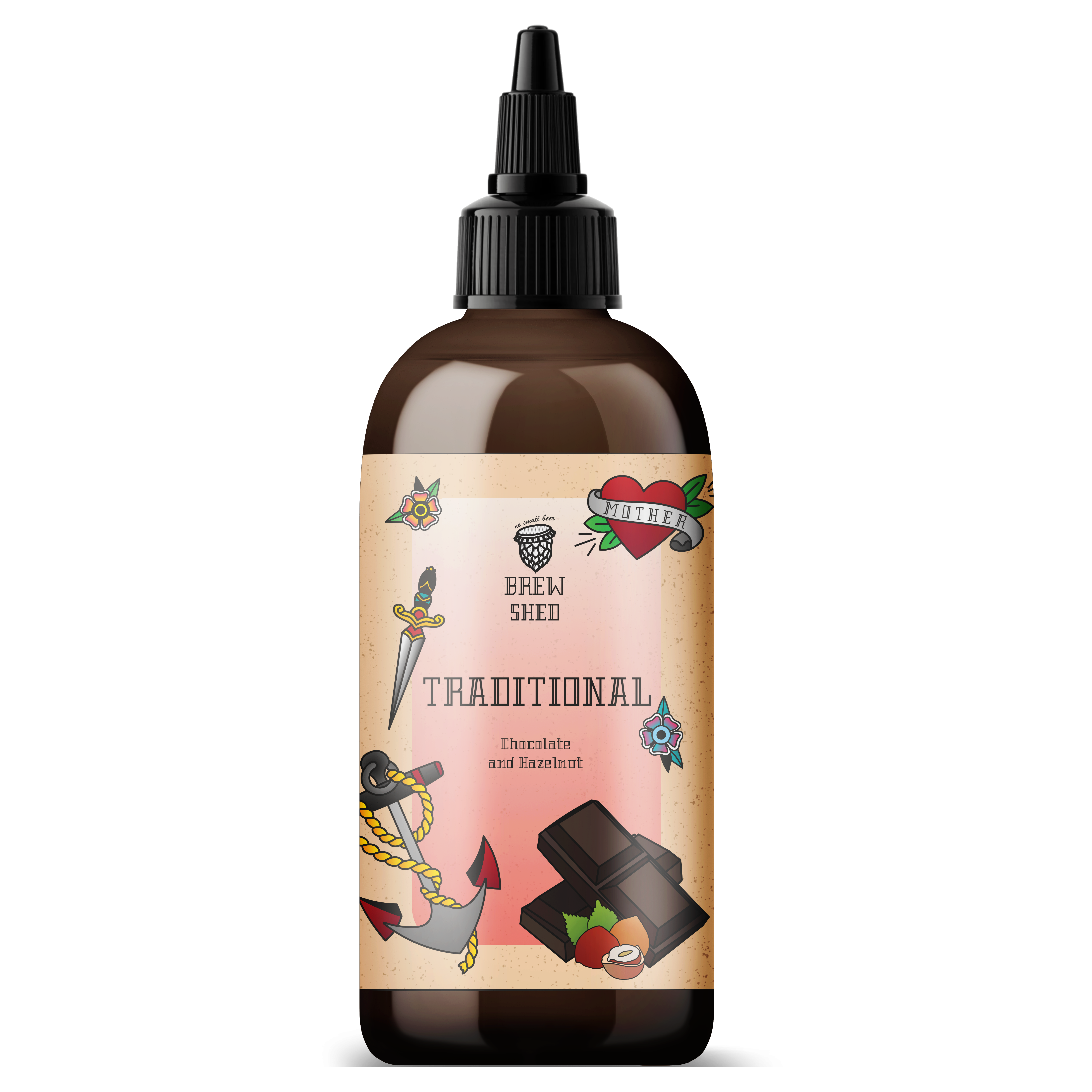 A beer bottle with a traditional tattoo inspired label