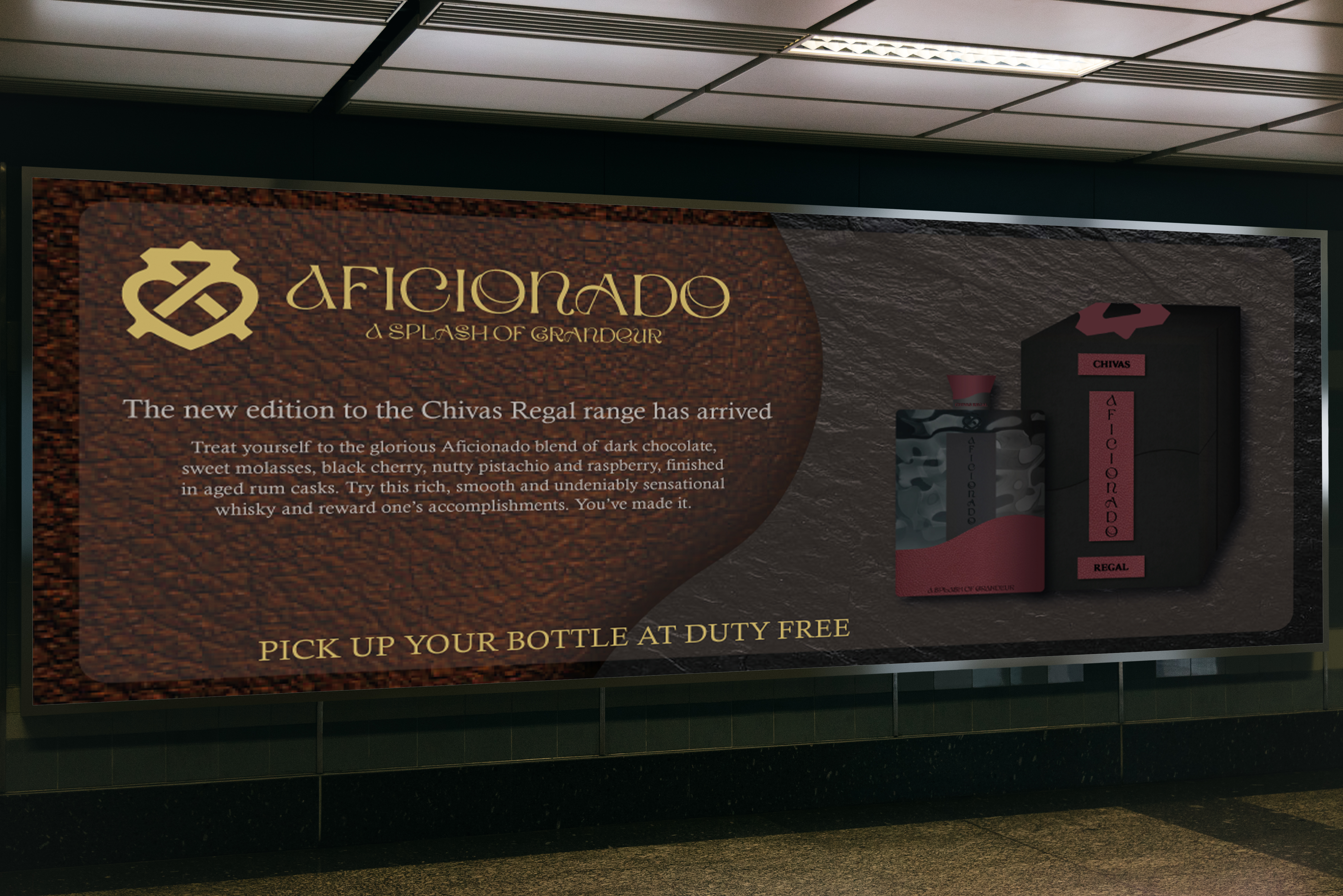 billboard in an airport showing an advert for a whisky product 
