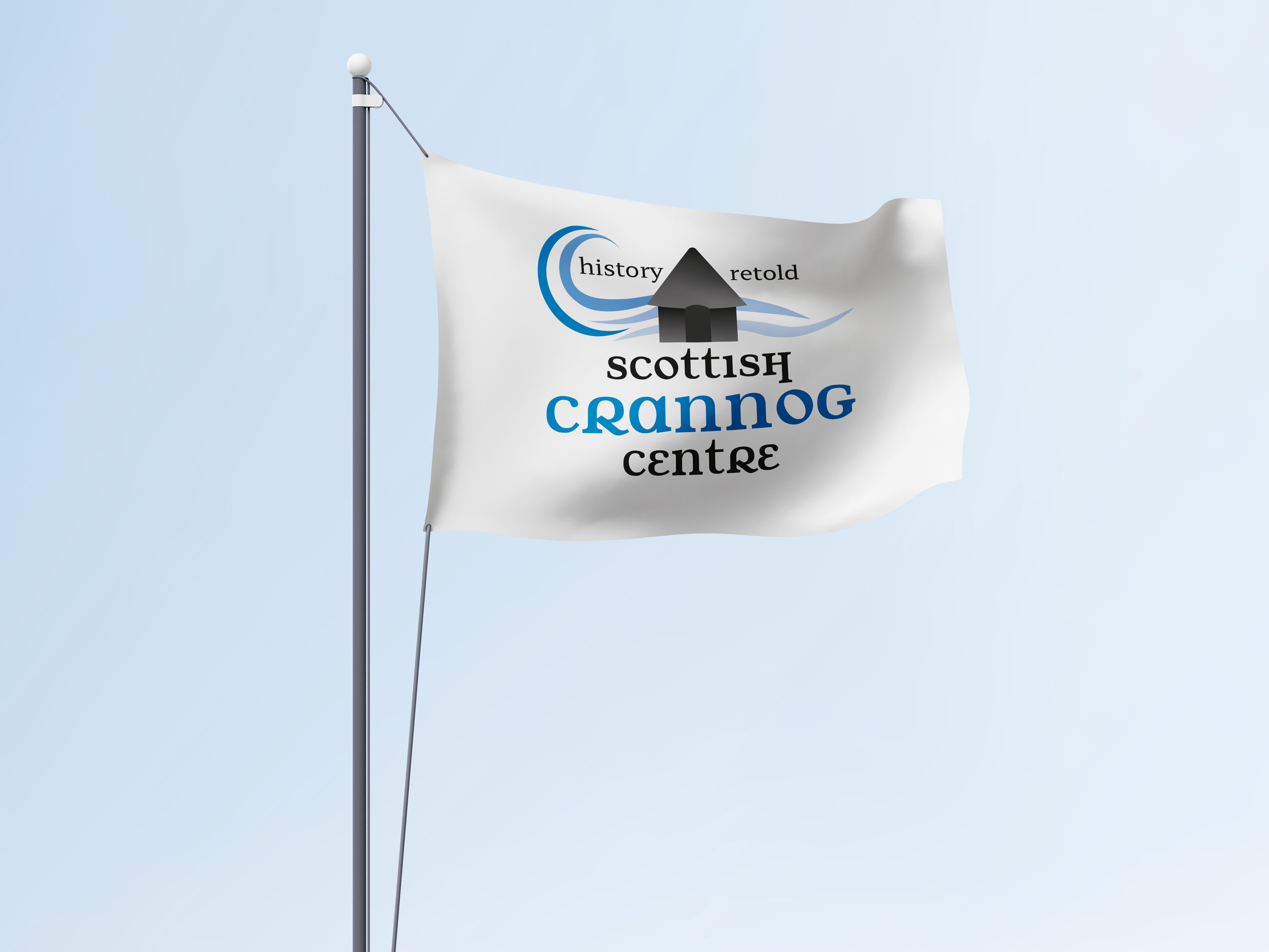 white flag blowing in wind with scottish crannog centre logo printed on 