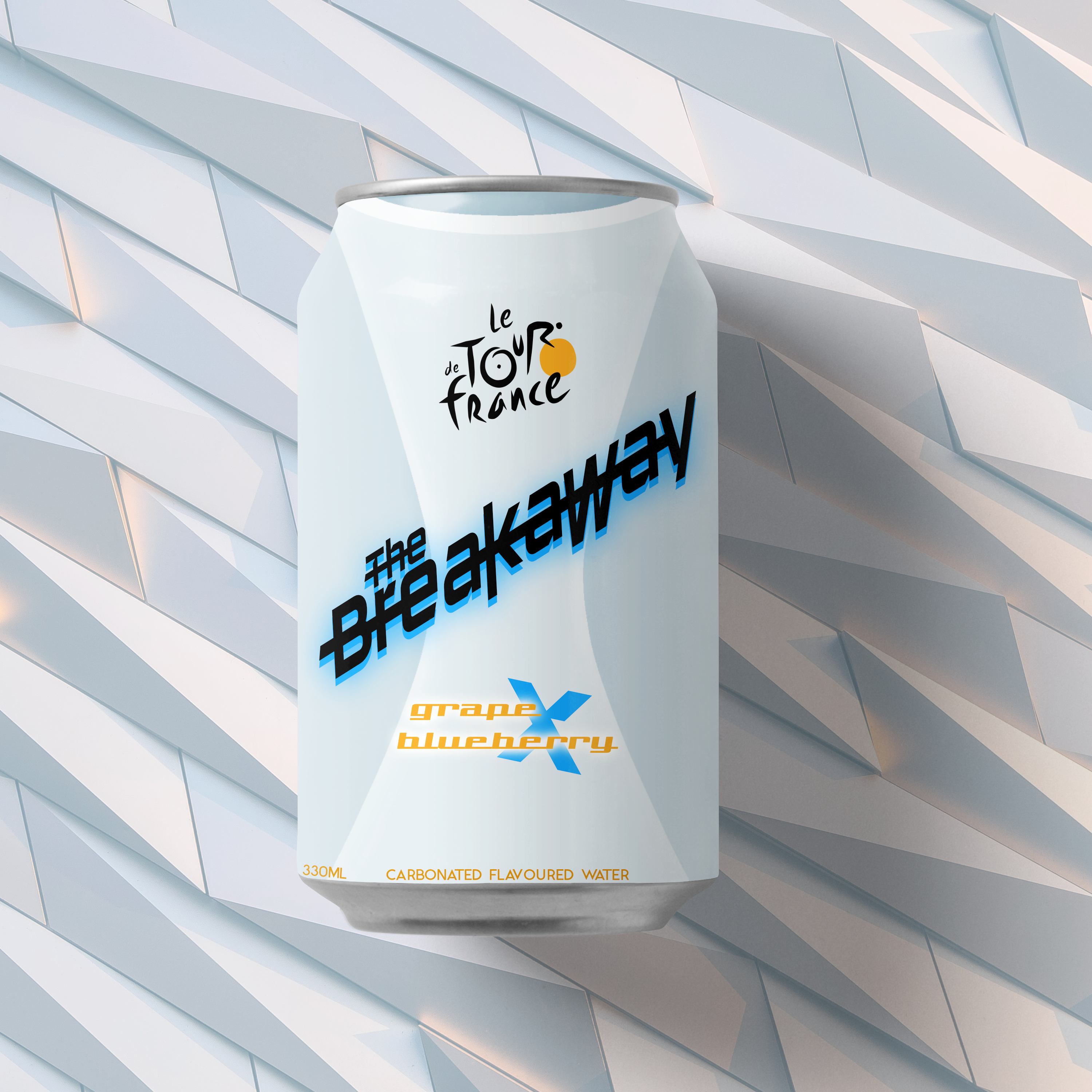 a light blue can of The Breakaway carbonated water on a geometric background 