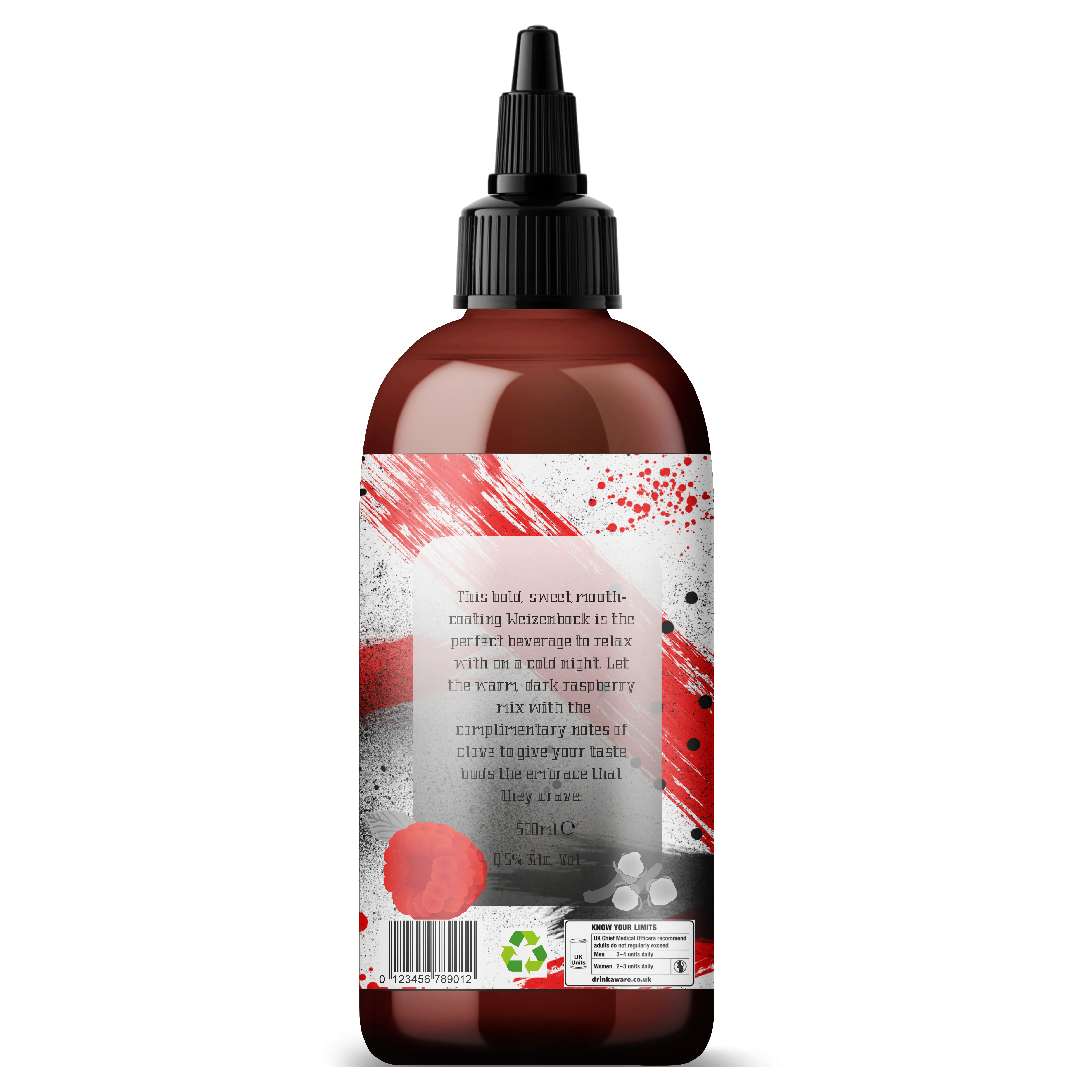 A beer bottle with a vibrant red and black trash polka tattoo inspired label