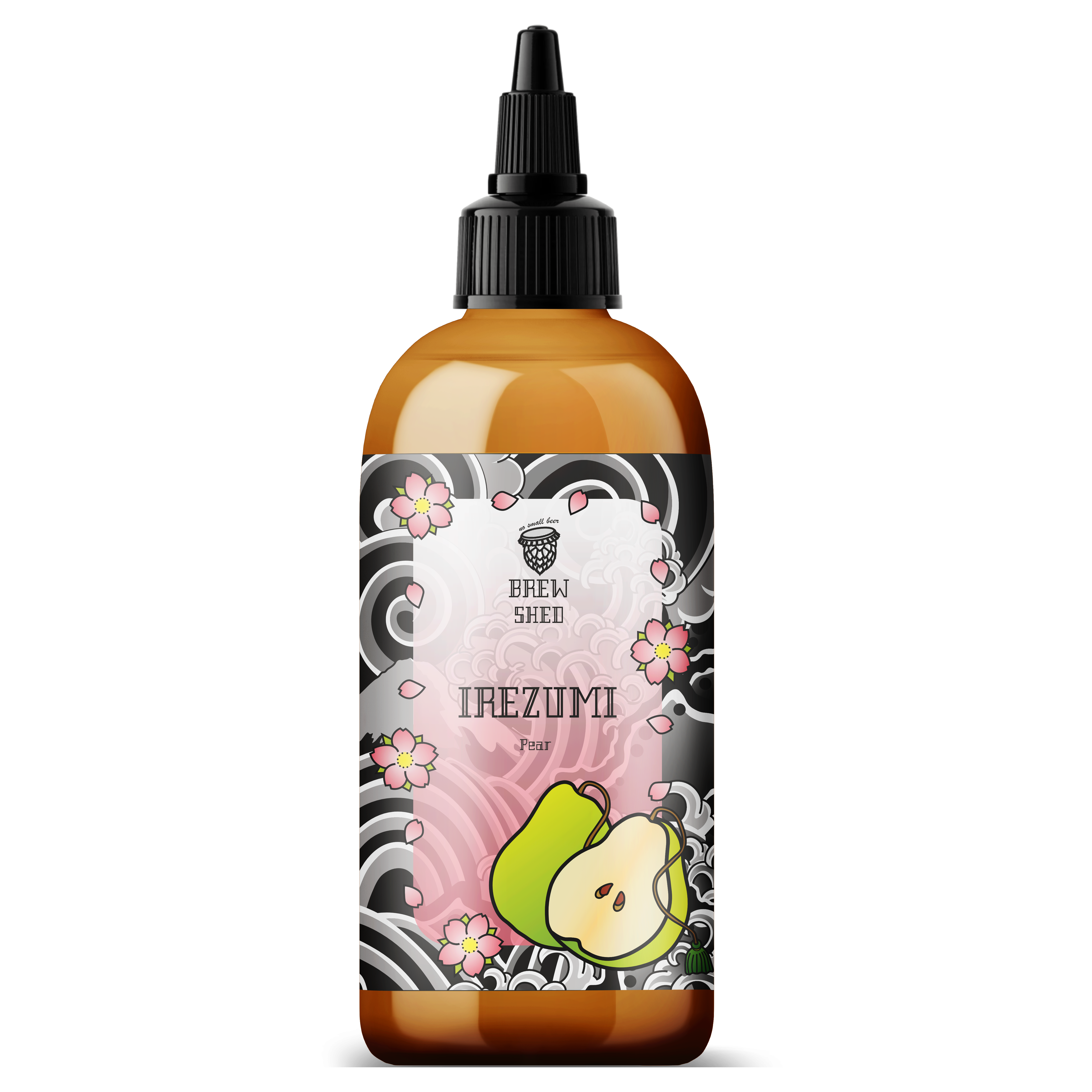 A beer bottle with a Japanese tattoo inspired label