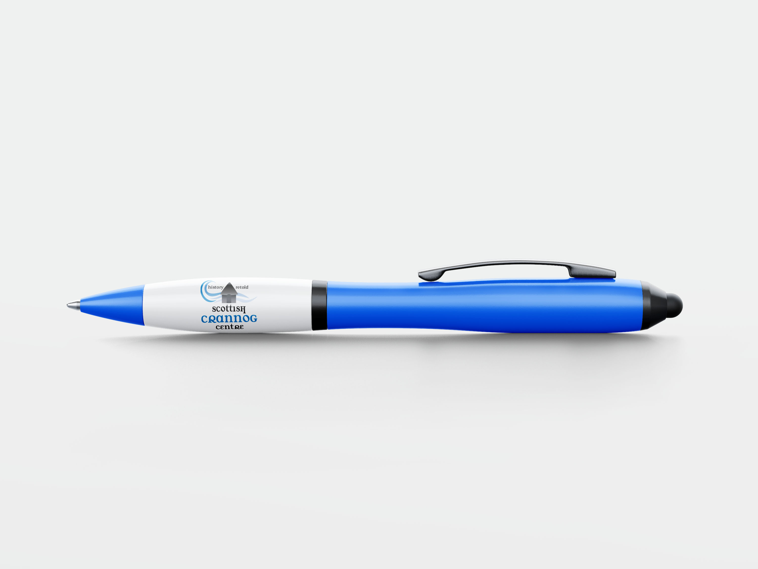 blue and white pen with logo visible on side 