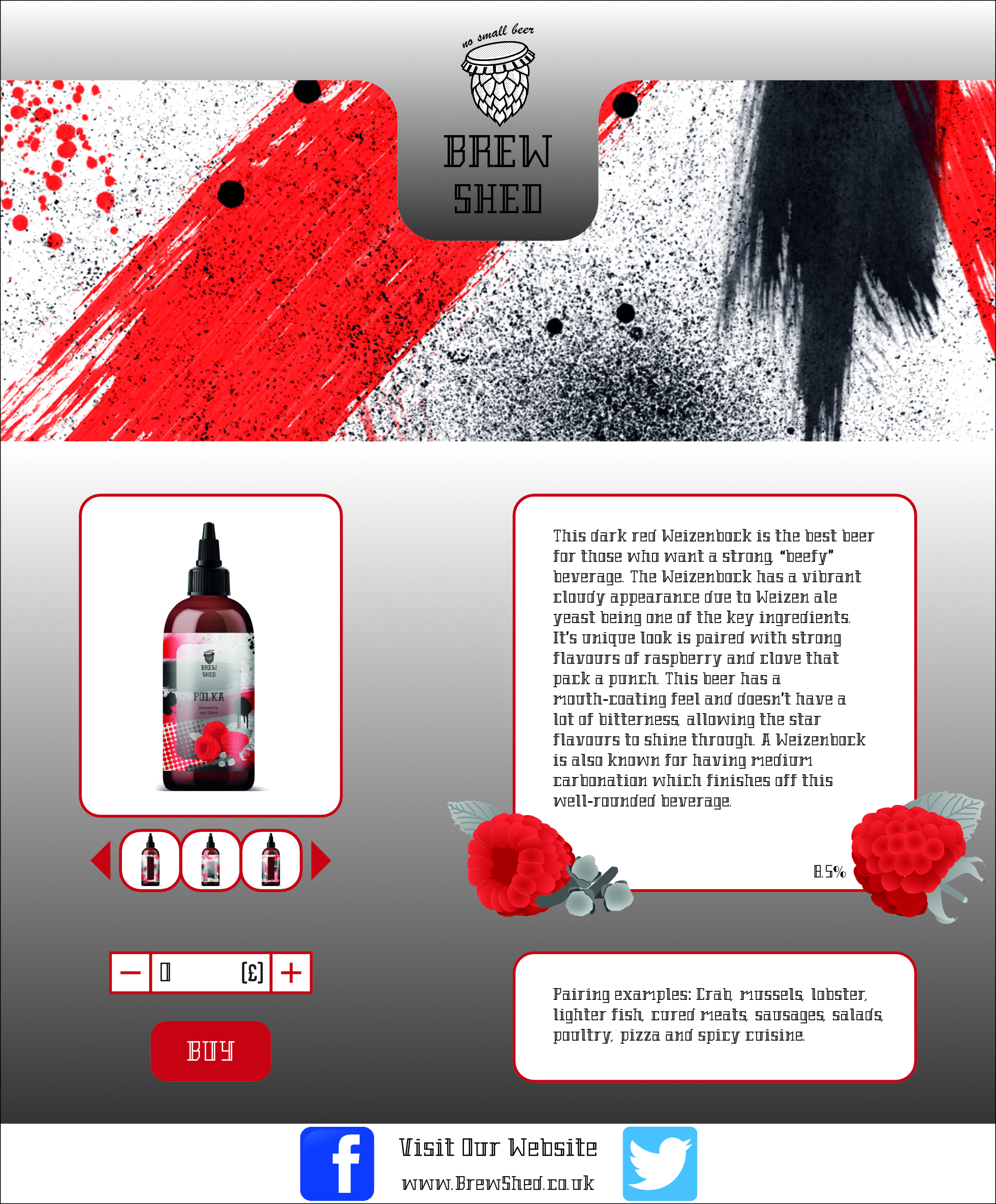 Brew shed product page showing trash polka beer bottle on a vibrant urban background