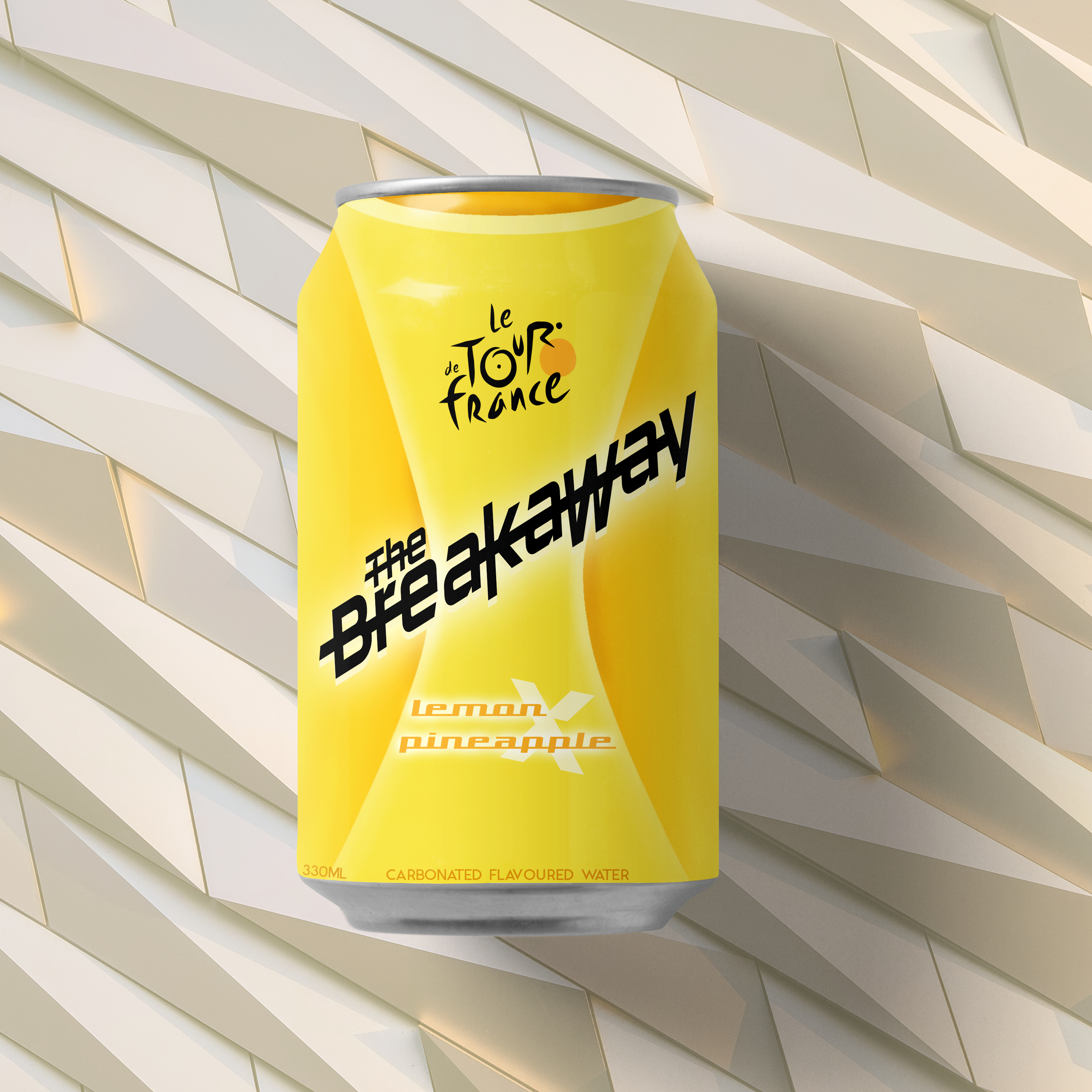 a yellow can of The Breakaway carbonated water on a geometric background 