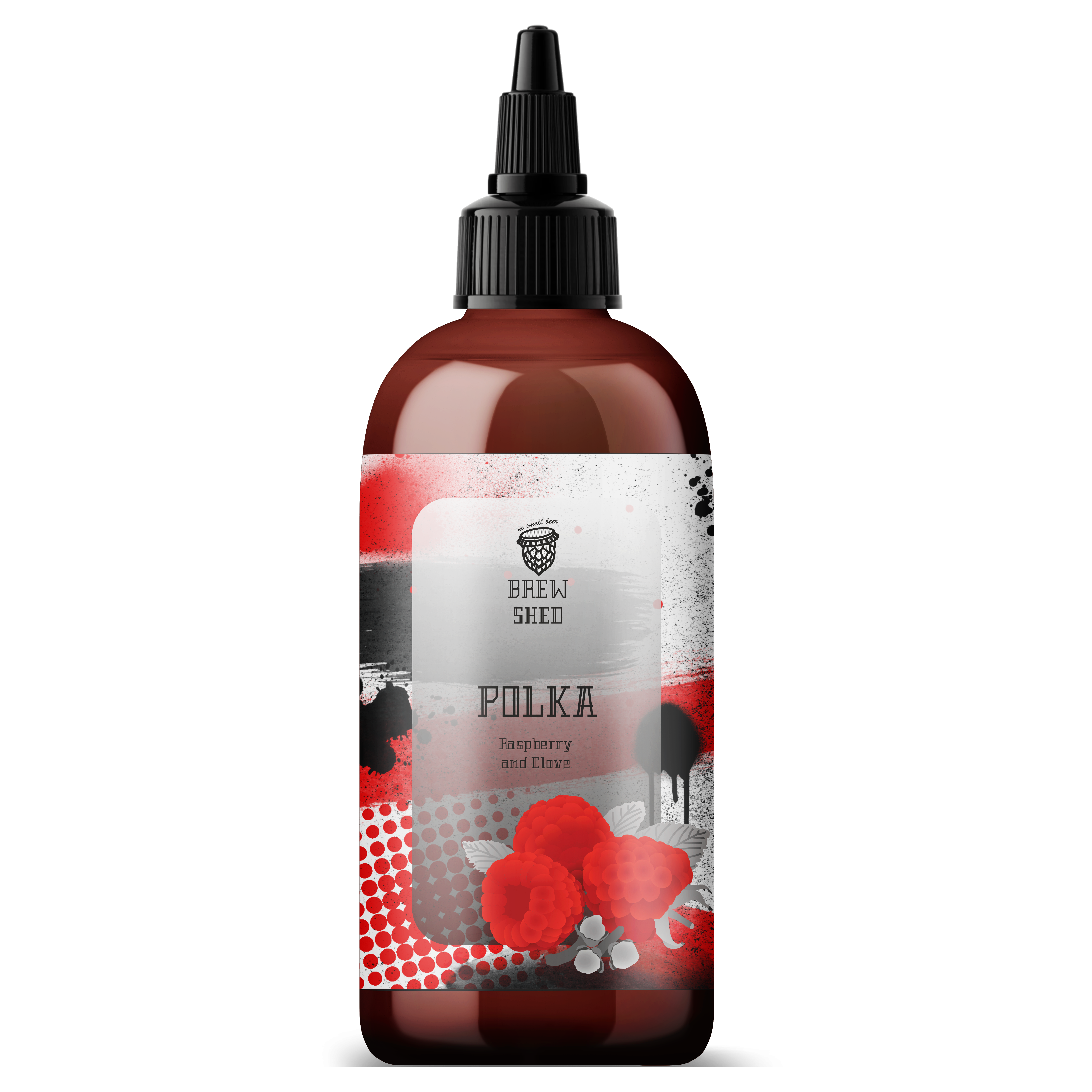 A beer bottle with a vibrant red and black trash polka tattoo inspired label