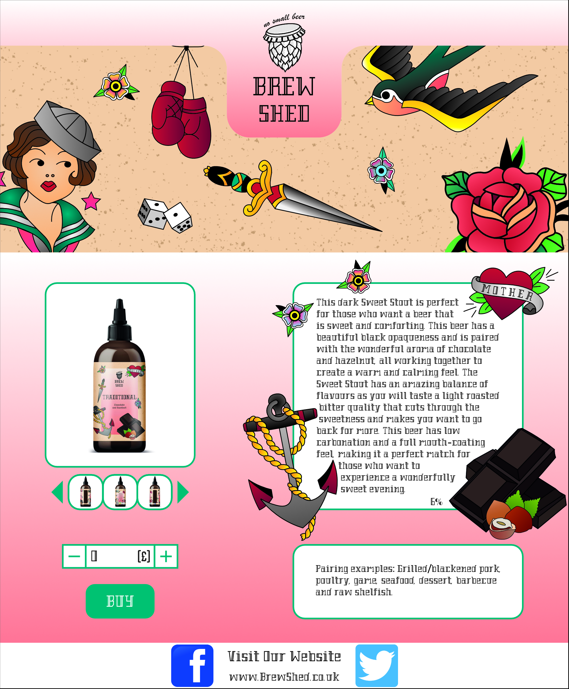 Brew shed product page showing traditional tattoo beer bottle on a vibrant urban background