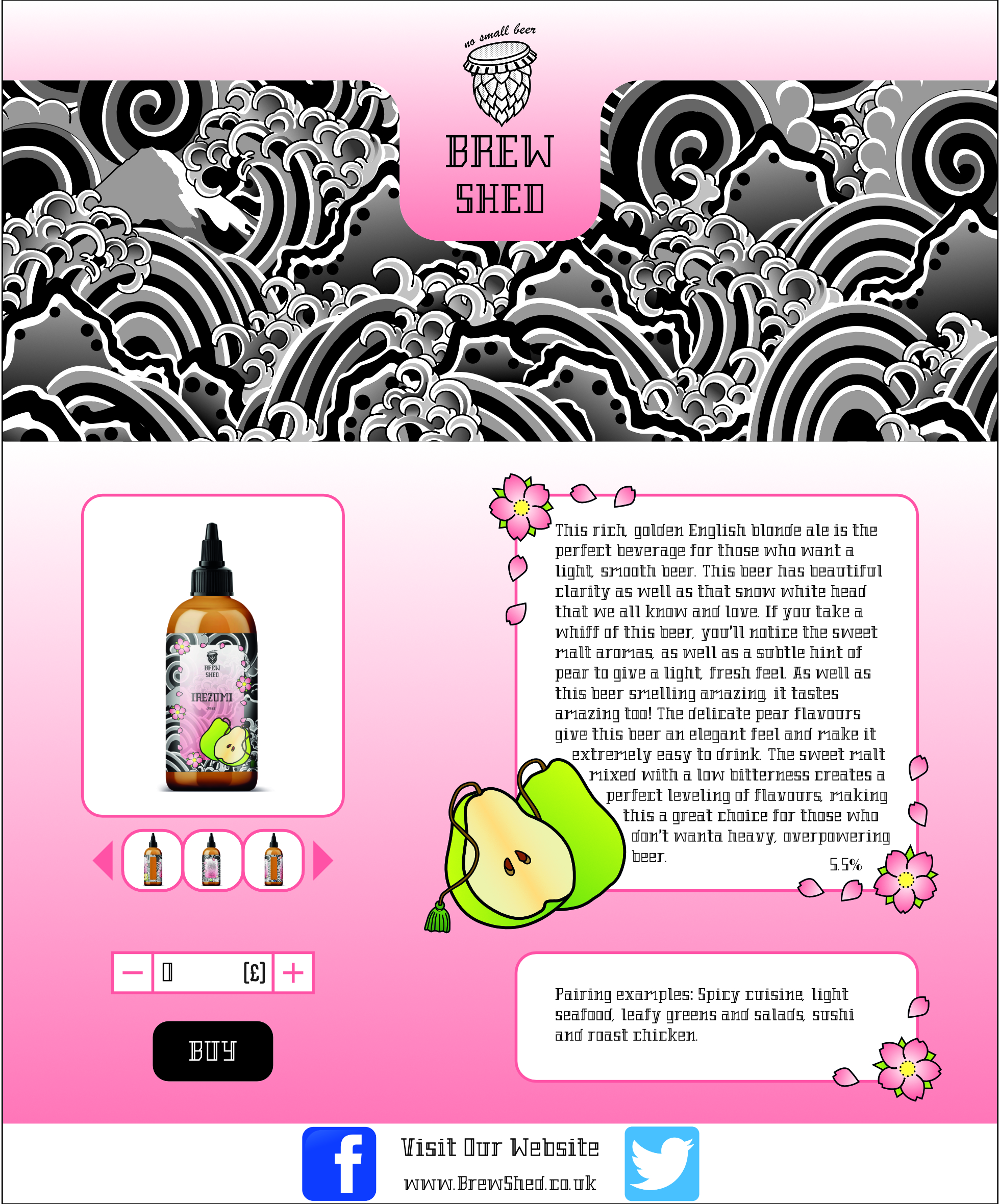 Brew shed product page showing Japanese beer bottle on a vibrant urban background