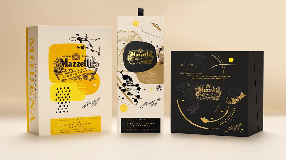Three Mazzetti packaging designs on a beige background. Black and gold patterns with text "L'Originale", "The Artistry Edition", "Extra Vecchio".