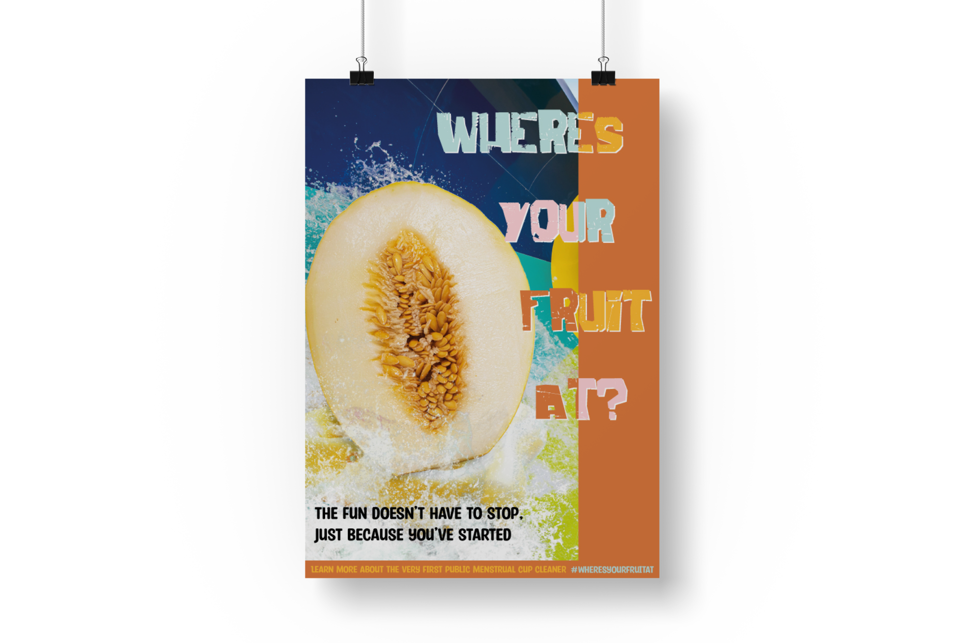 poster design showing a melon riding a water slide 