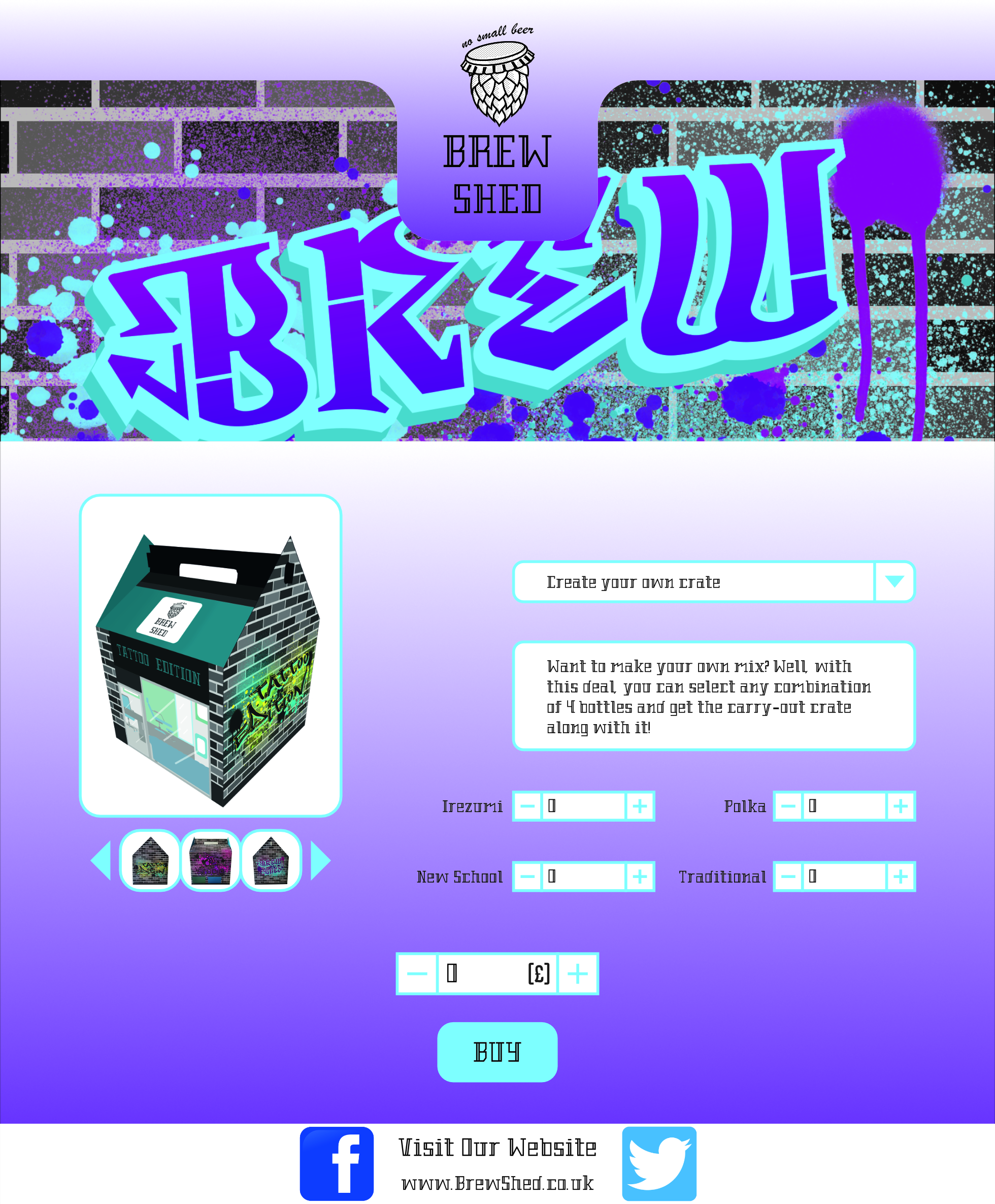 Brew shed product page showing carry out crate on a vibrant urban background