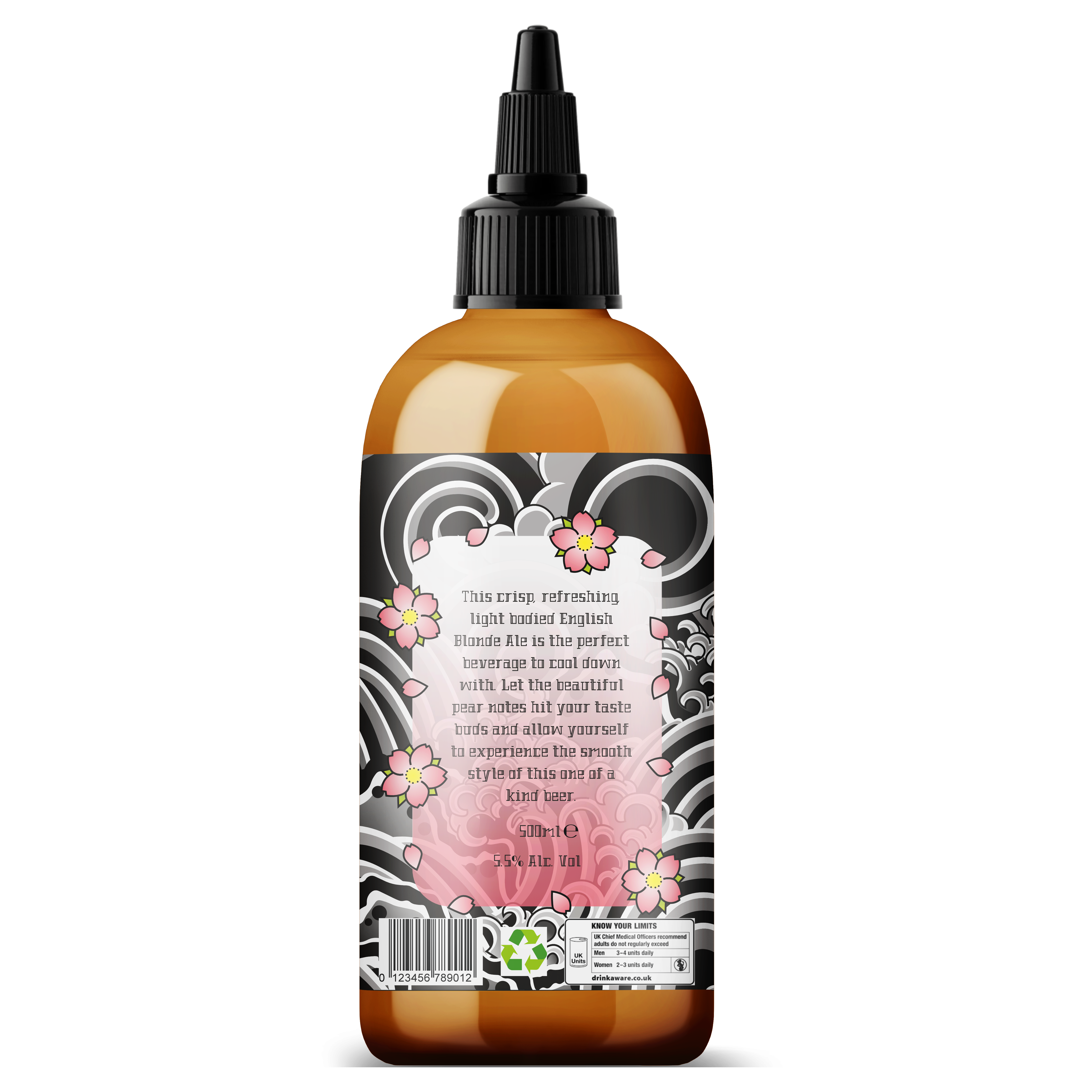 A beer bottle with a Japanese tattoo inspired label